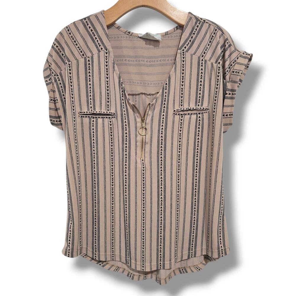 Flower & Feather Striped Aztec O-Ring Quarter Zip Blouse MEDIUM